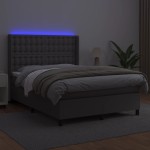 vidaXL Pat cu arcuri, saltea și LED, gri, 140x200 cm, piele eco