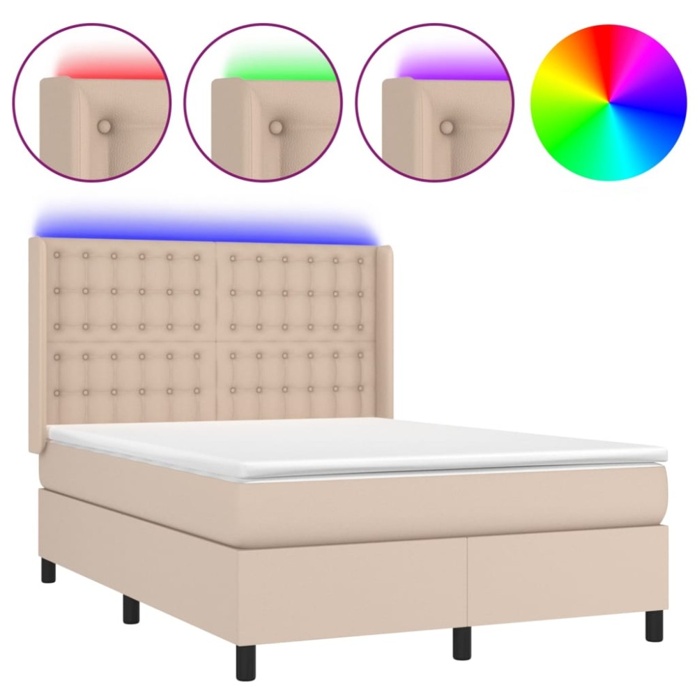 vidaXL Pat cu arcuri, saltea și LED, cappuccino, 140x200cm, piele eco
