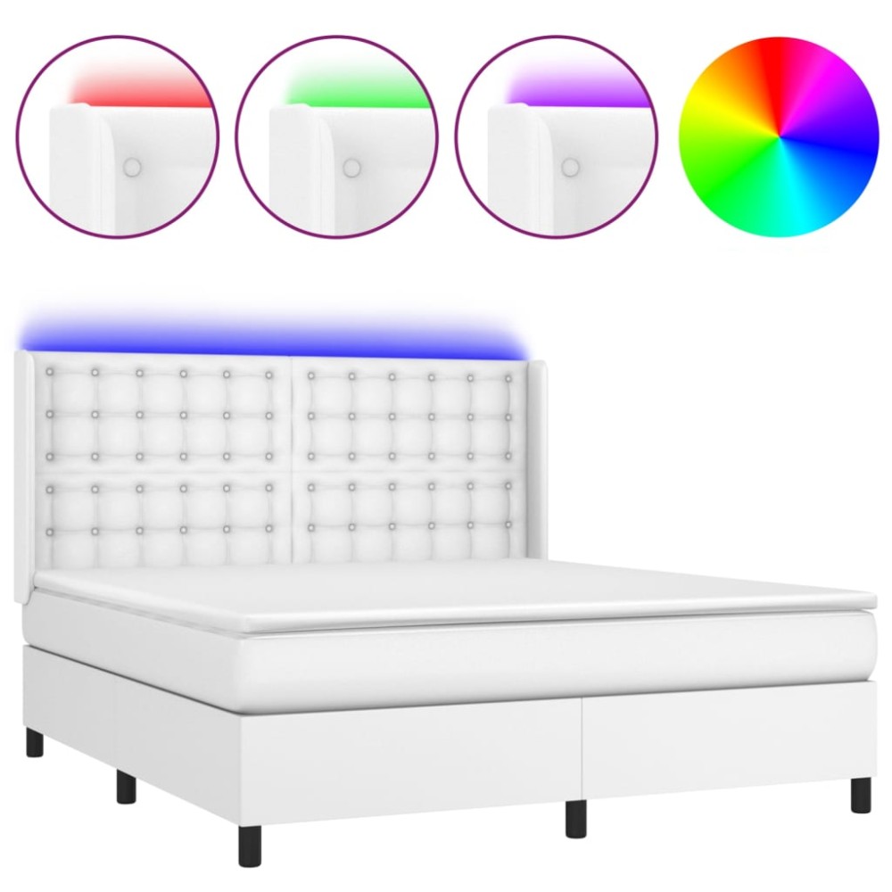 vidaXL Pat cu arcuri, saltea și LED, alb, 160x200 cm, piele ecologică