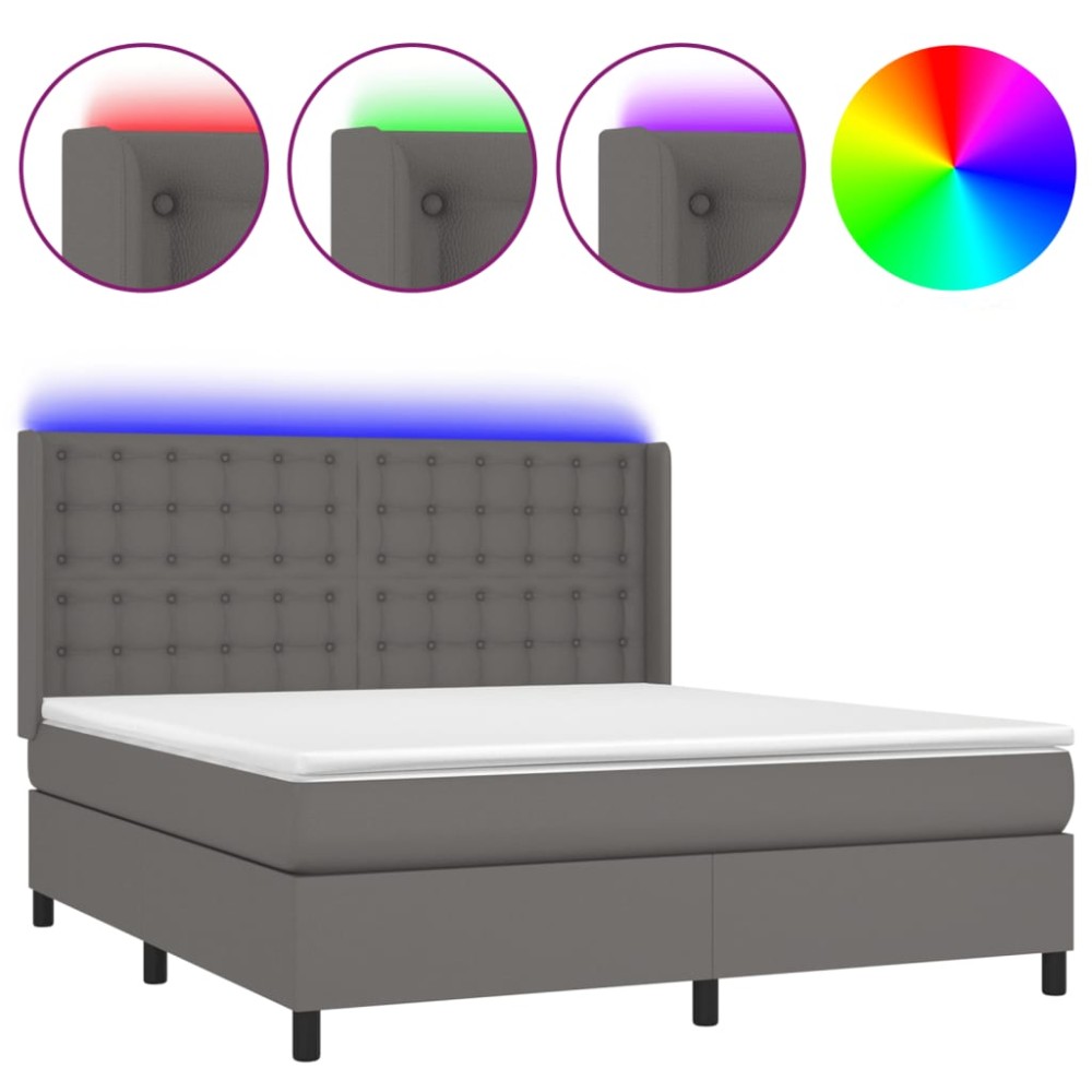 vidaXL Pat cu arcuri, saltea și LED, gri, 180x200 cm, piele ecologică