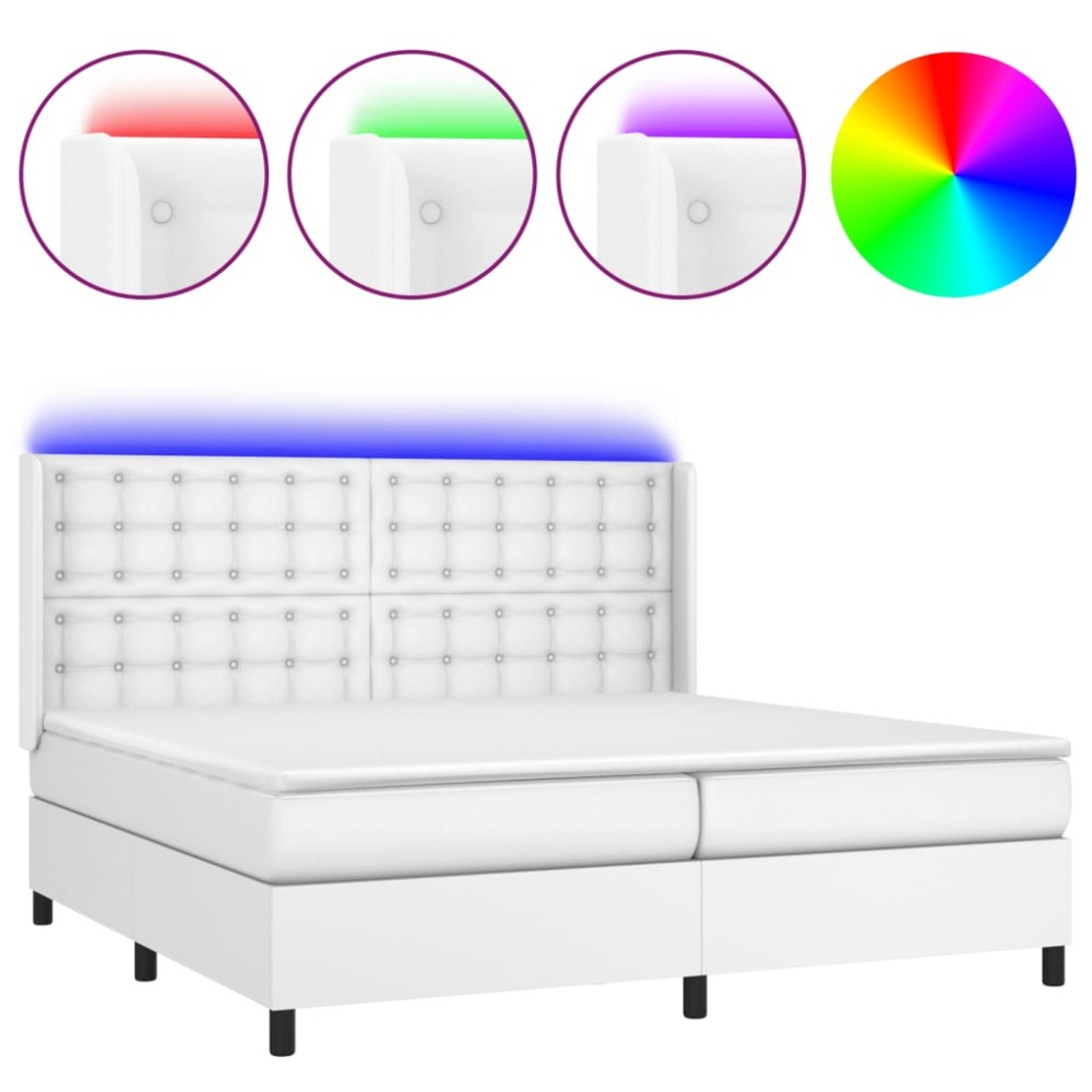 vidaXL Pat cu arcuri, saltea și LED, alb, 200x200 cm, piele ecologică