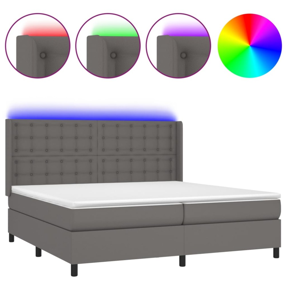 vidaXL Pat cu arcuri, saltea și LED, gri, 200x200 cm, piele ecologică