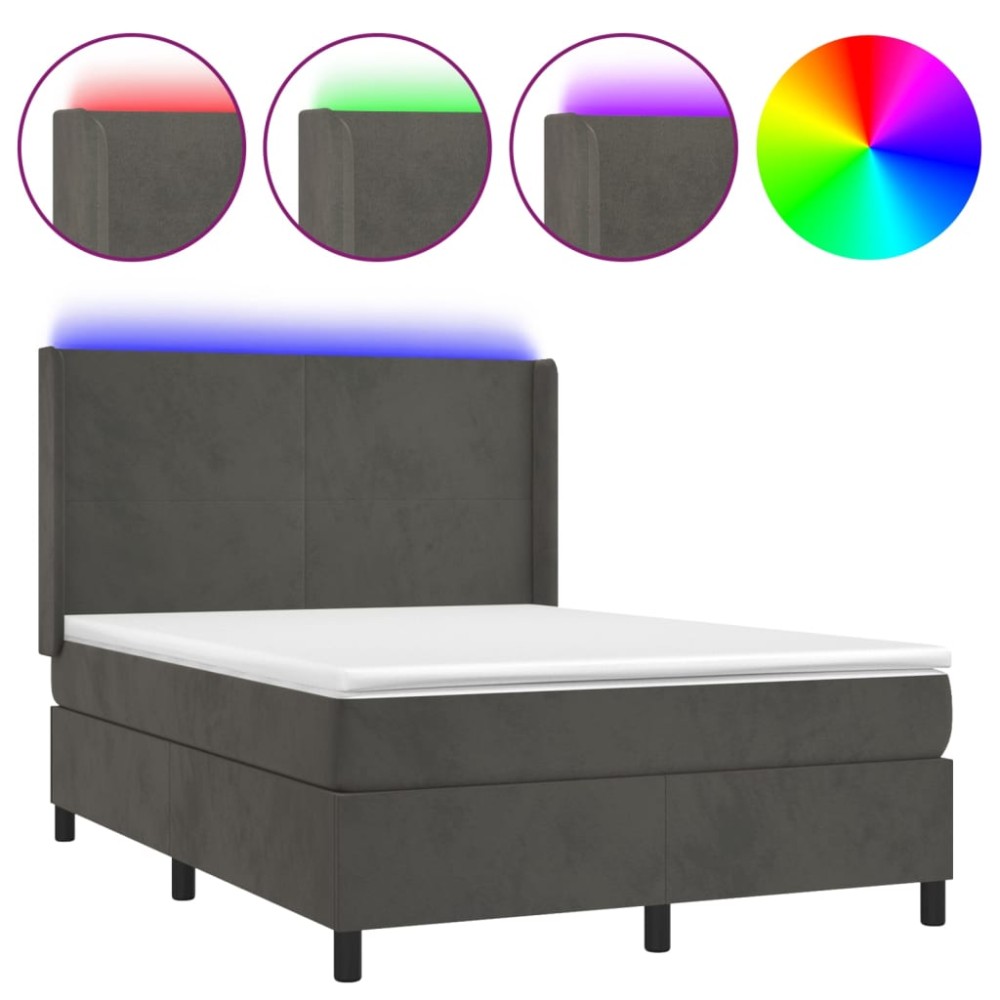 vidaXL Pat cu arcuri, saltea și LED, gri închis, 140x190 cm, catifea
