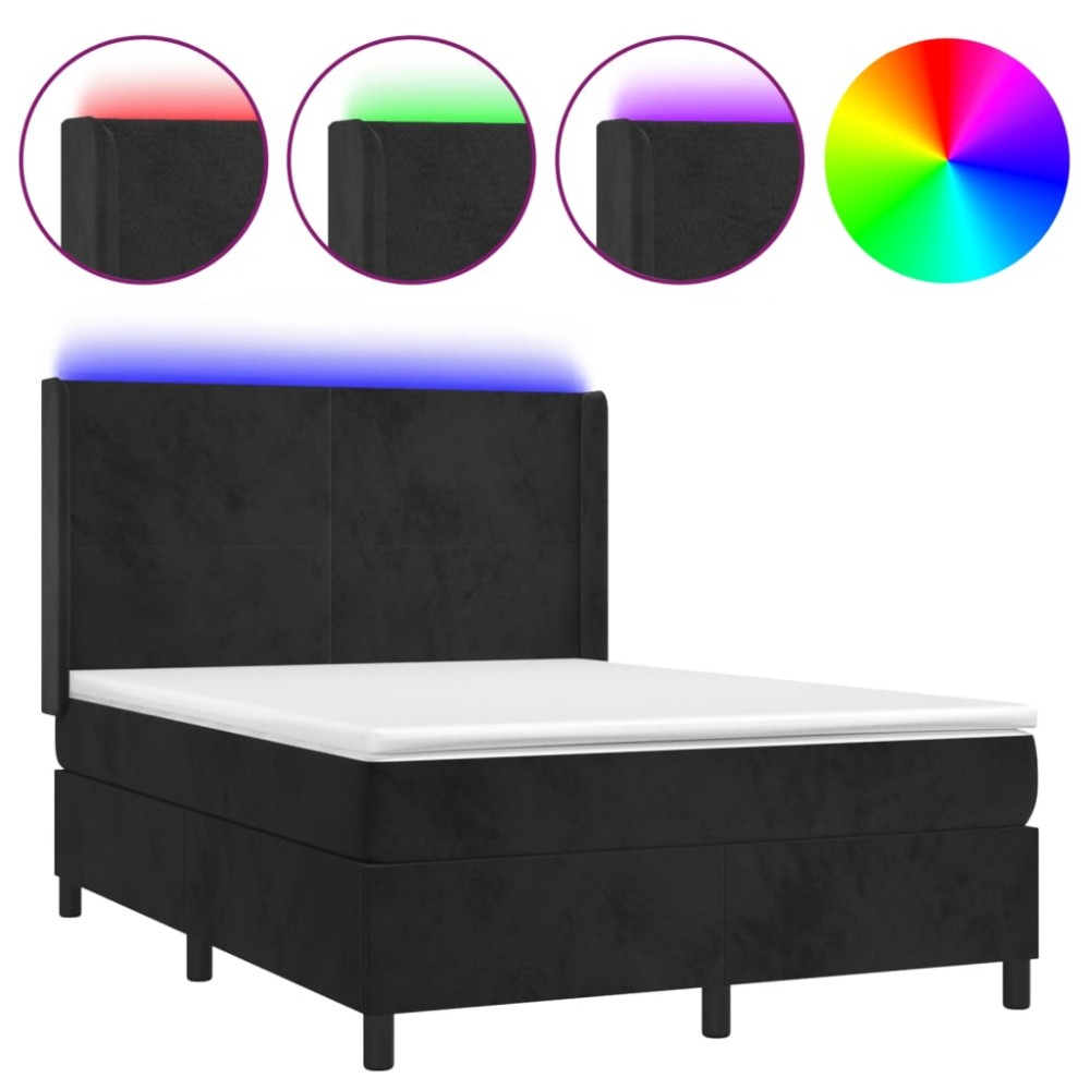 vidaXL Pat cu arcuri, saltea și LED, negru, 140x190 cm, catifea