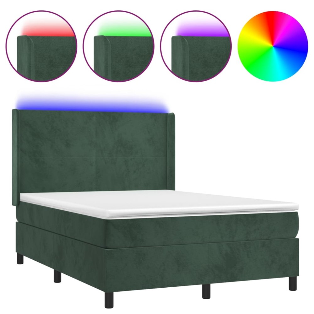 vidaXL Pat cu arcuri, saltea și LED, verde închis, 140x190 cm, catifea