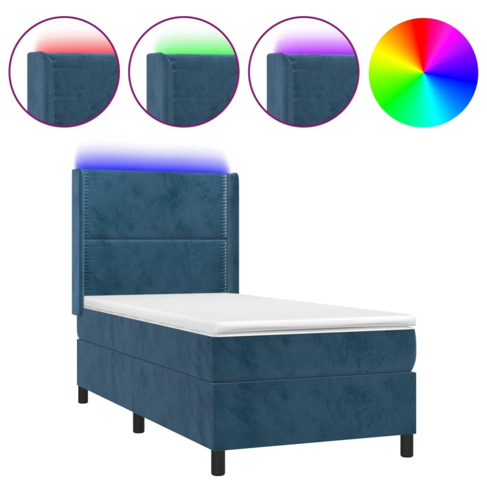 vidaXL Pat cu arcuri, saltea și LED, bleumarin, 90x190 cm, catifea