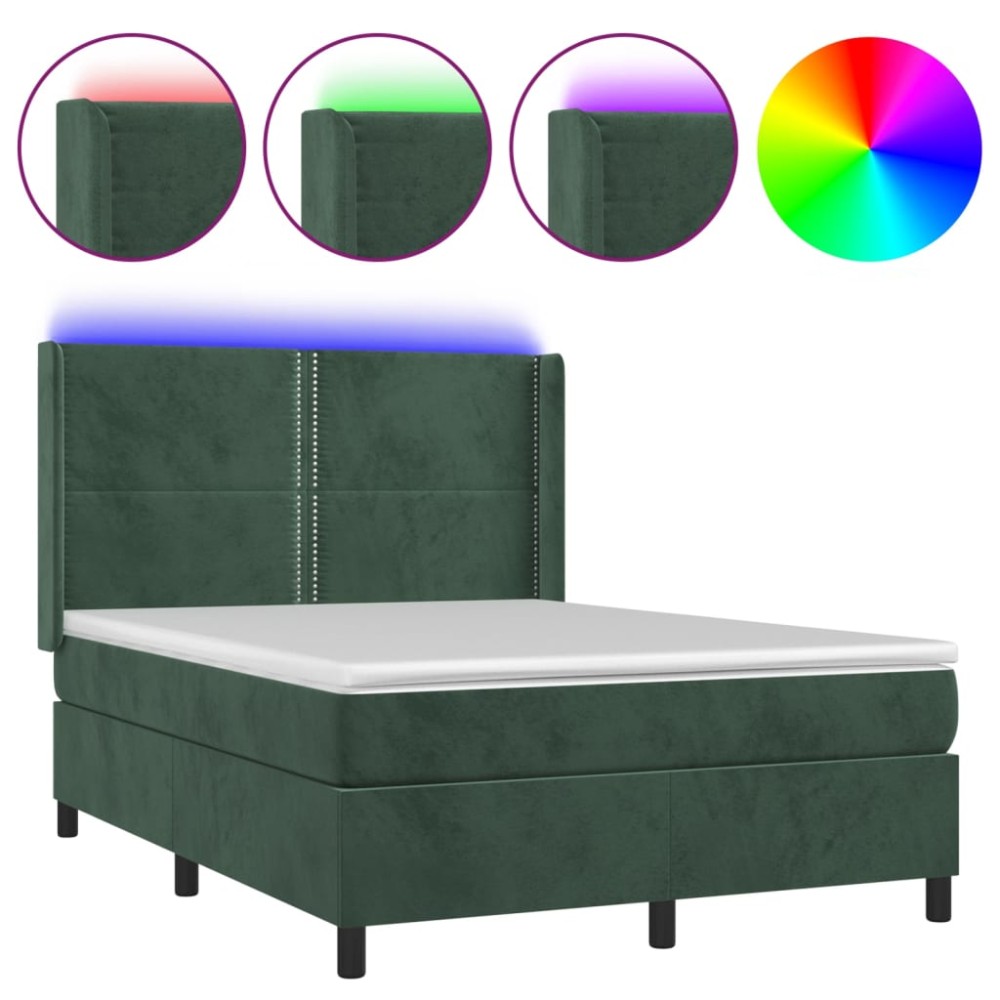 vidaXL Pat cu arcuri, saltea și LED, verde închis, 140x190 cm, catifea