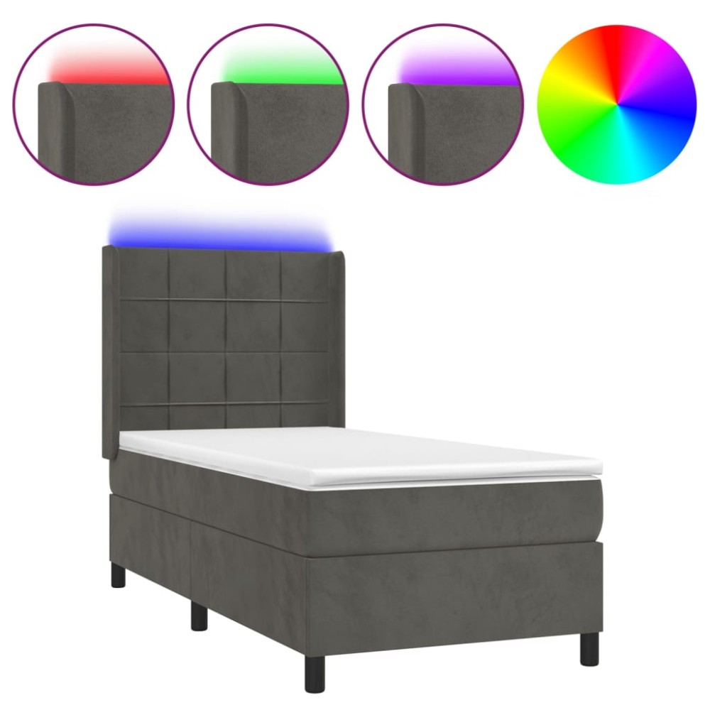 vidaXL Pat cu arcuri, saltea și LED, gri închis, 90x190 cm, catifea