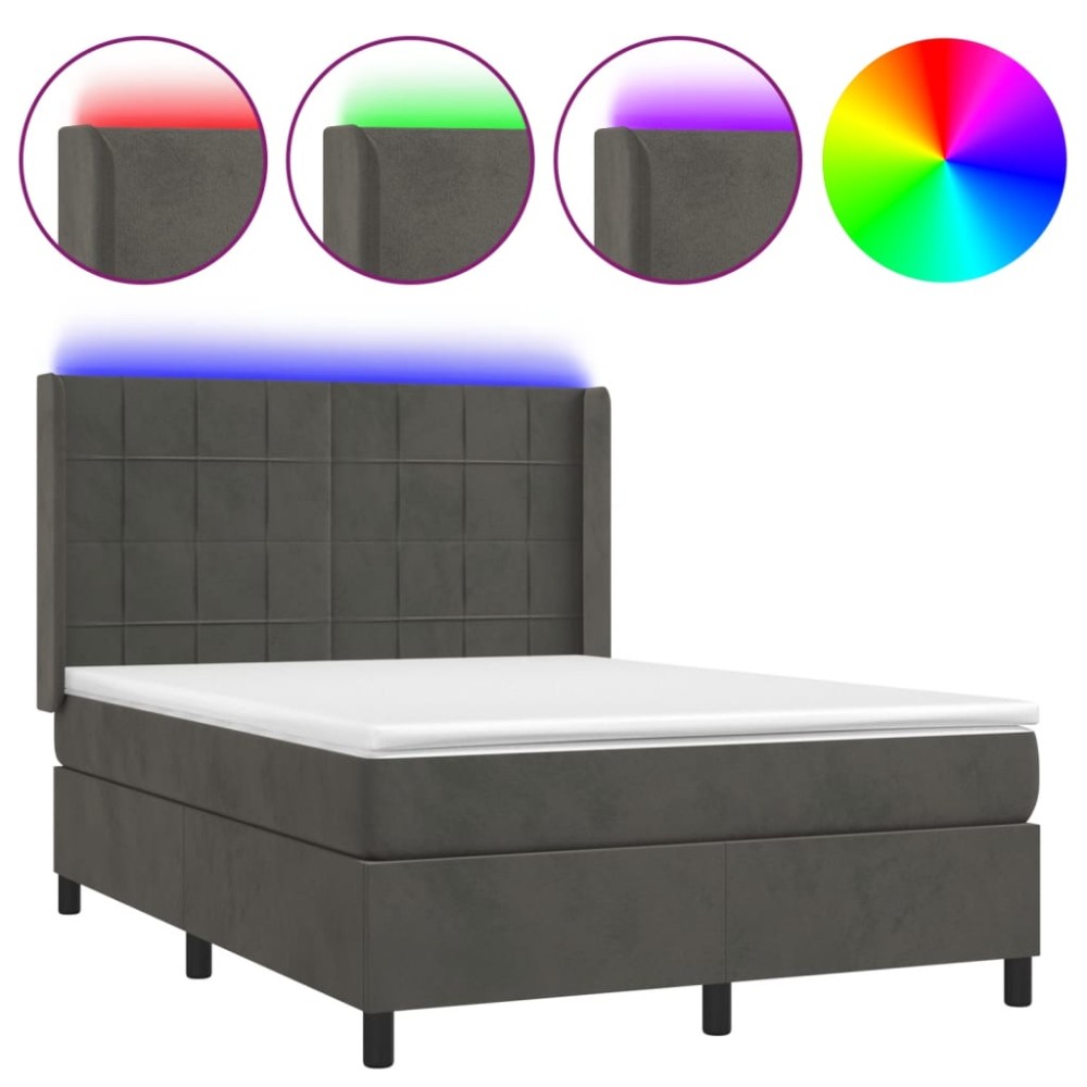 vidaXL Pat cu arcuri, saltea și LED, gri închis, 140x190 cm, catifea