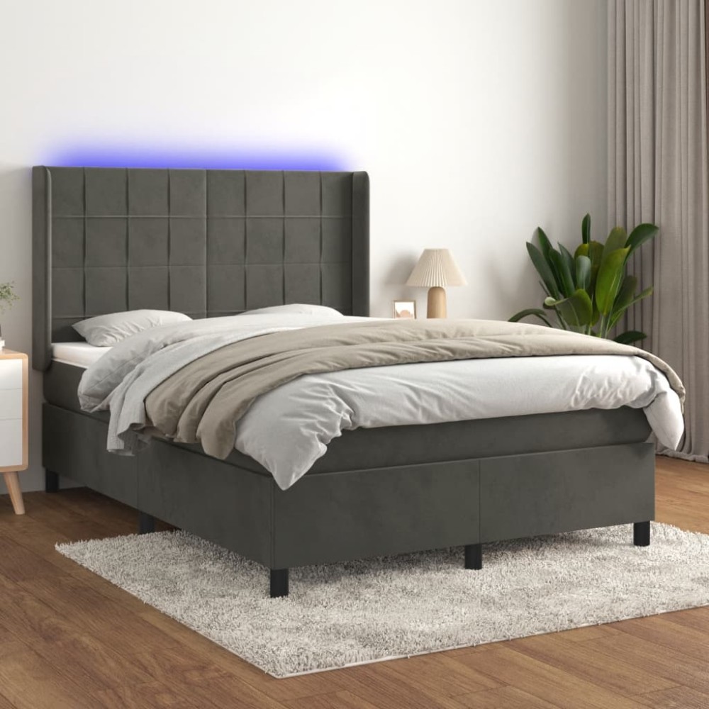 vidaXL Pat cu arcuri, saltea și LED, gri închis, 140x190 cm, catifea