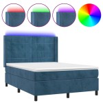 vidaXL Pat cu arcuri, saltea și LED, bleumarin, 140x190 cm, catifea