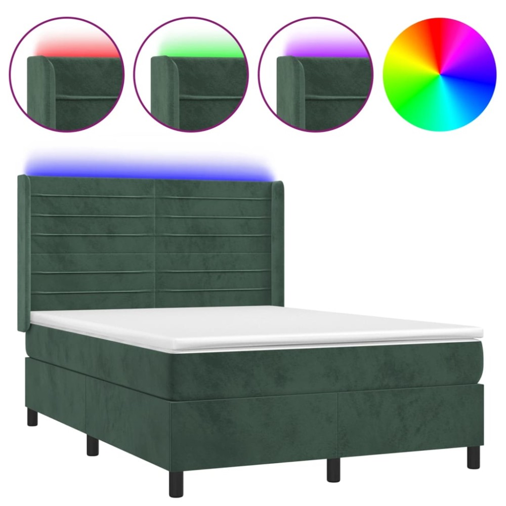 vidaXL Pat cu arcuri, saltea și LED, verde închis, 140x190 cm, catifea