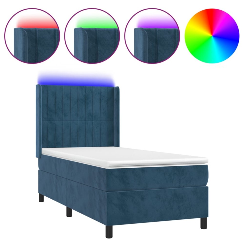 vidaXL Pat cu arcuri, saltea și LED, bleumarin, 90x190 cm, catifea