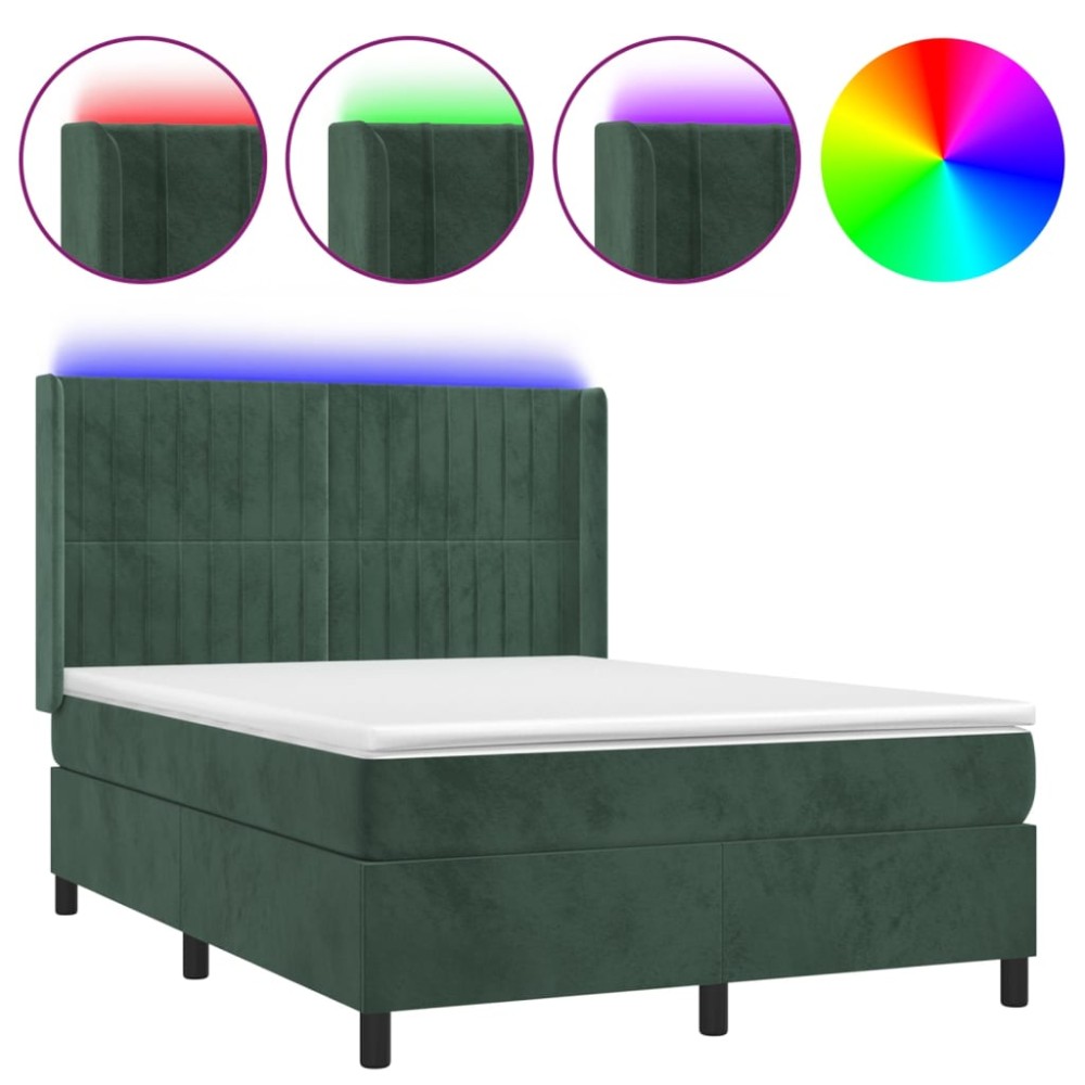 vidaXL Pat cu arcuri, saltea și LED, verde închis, 140x190 cm, catifea