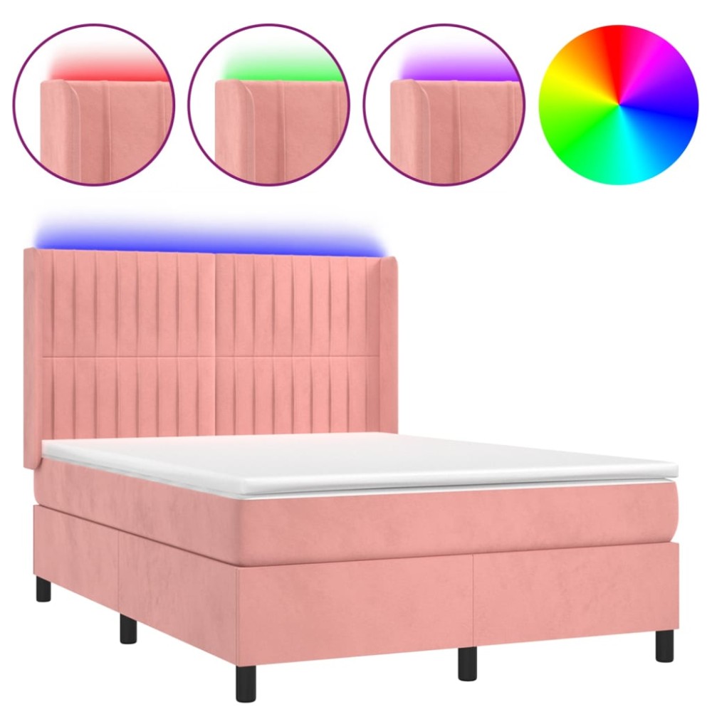 vidaXL Pat cu arcuri, cu saltea și LED, roz, 140x190 cm catifea