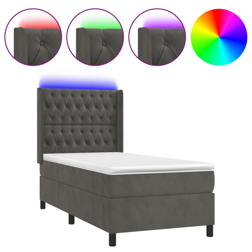vidaXL Pat cu arcuri, saltea și LED, gri închis, 90x190 cm, catifea
