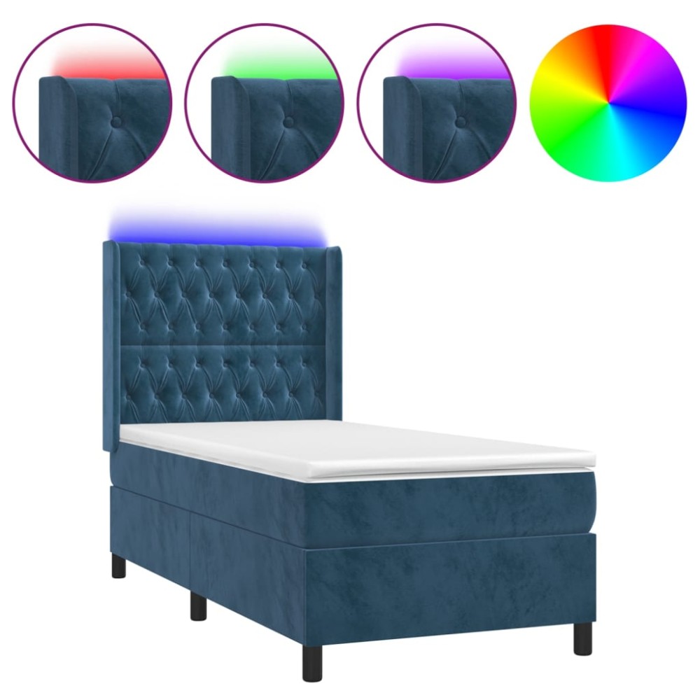 vidaXL Pat cu arcuri, saltea și LED, bleumarin, 90x190 cm, catifea