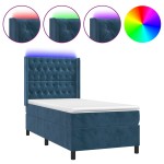 vidaXL Pat cu arcuri, saltea și LED, bleumarin, 90x190 cm, catifea