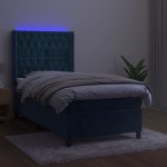vidaXL Pat cu arcuri, saltea și LED, bleumarin, 90x190 cm, catifea