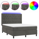 vidaXL Pat cu arcuri, saltea și LED, gri închis, 140x190 cm, catifea