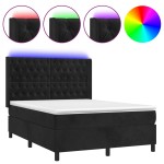 vidaXL Pat cu arcuri, saltea și LED, negru, 140x190 cm, catifea