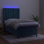 vidaXL Pat cu arcuri, saltea și LED, bleumarin, 90x200 cm, catifea