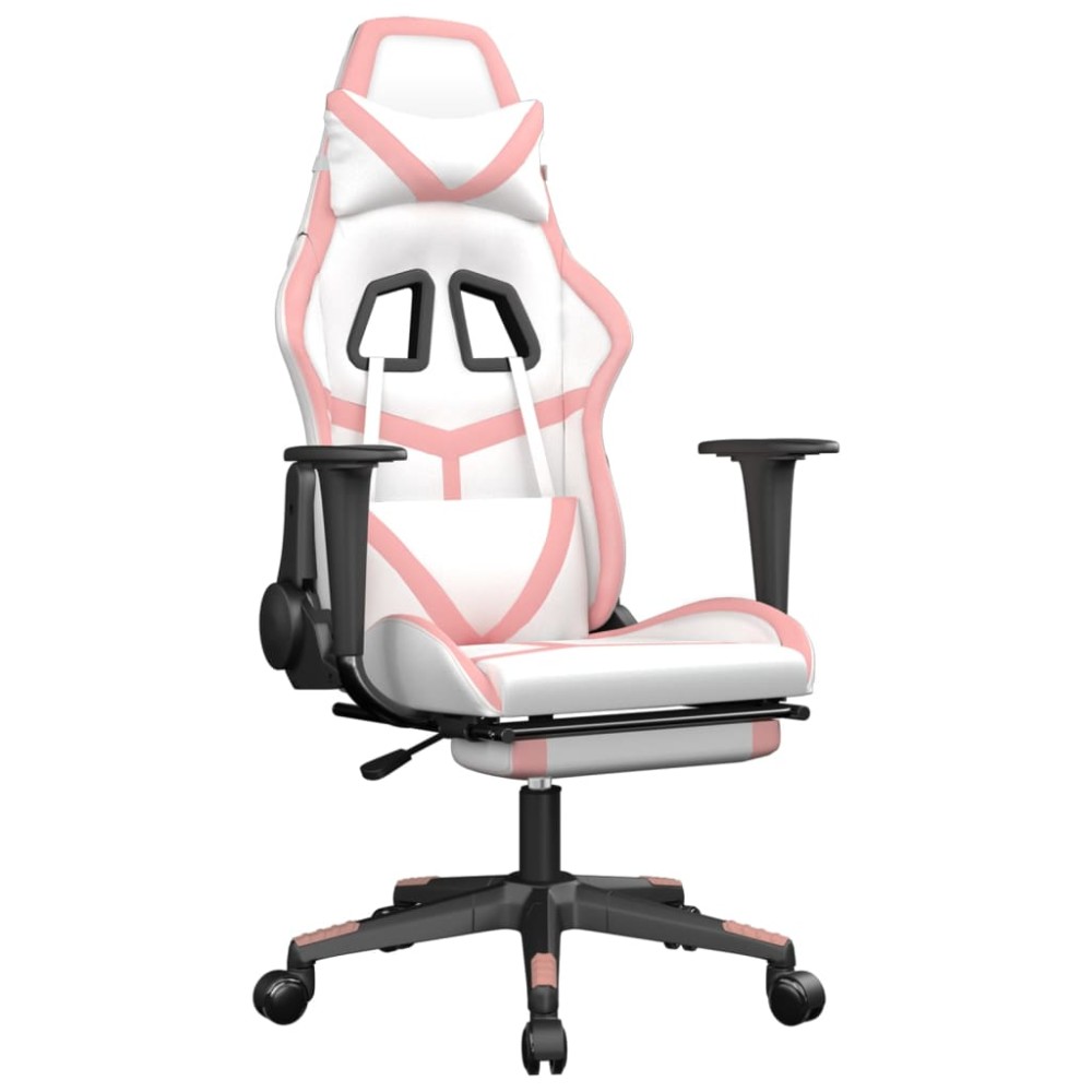 vidaXL Scaun de gaming cu suport picioare, alb/roz, piele ecologică