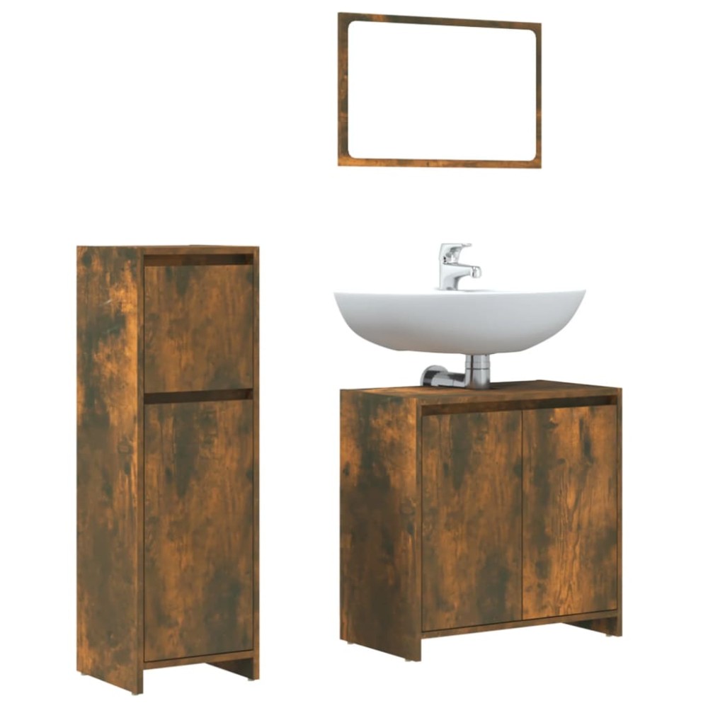 vidaXL Set mobilier de baie, 3 piese, stejar fumuriu, lemn prelucrat