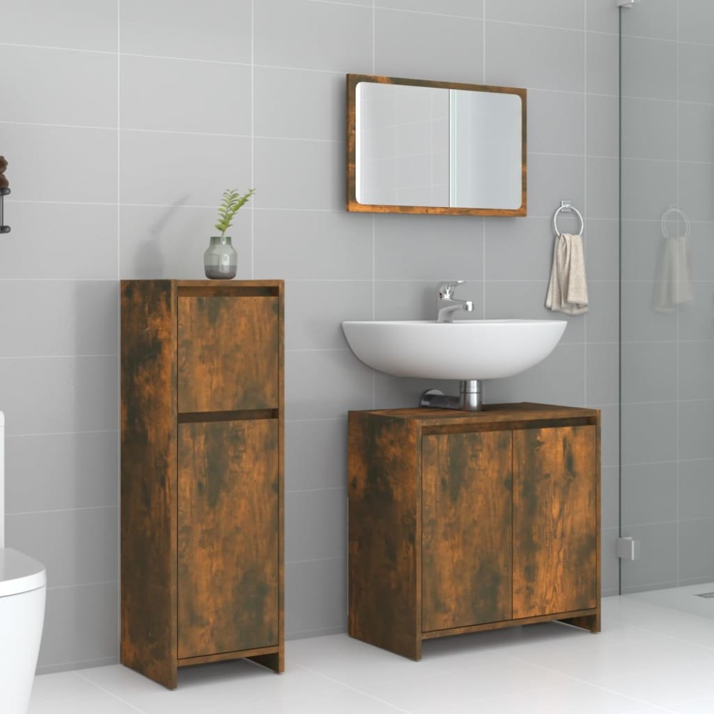 vidaXL Set mobilier de baie, 3 piese, stejar fumuriu, lemn prelucrat