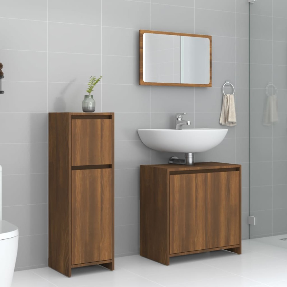 vidaXL Set mobilier de baie, 3 piese, stejar maro, lemn prelucrat