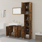 vidaXL Set mobilier de baie, 3 piese, stejar fumuriu, lemn prelucrat