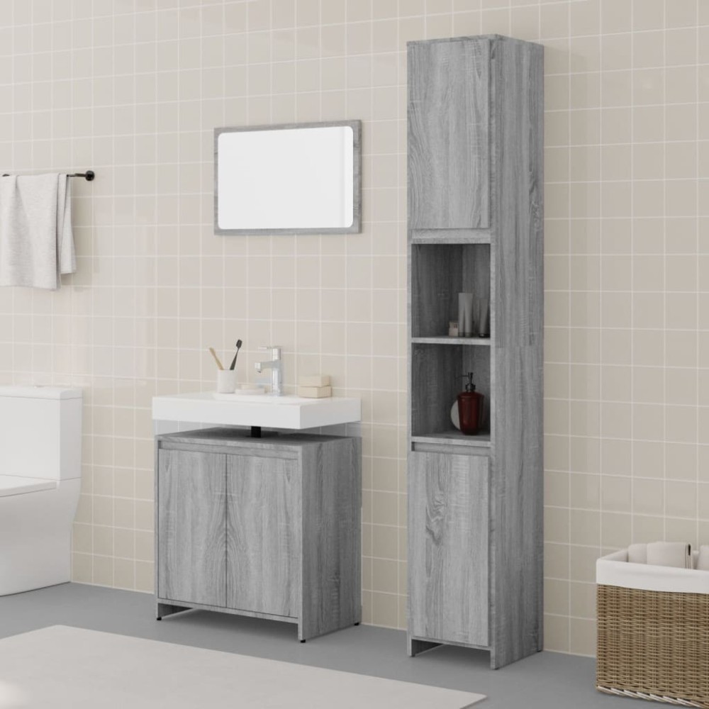 vidaXL Set mobilier de baie, 3 piese, gri sonoma, lemn prelucrat