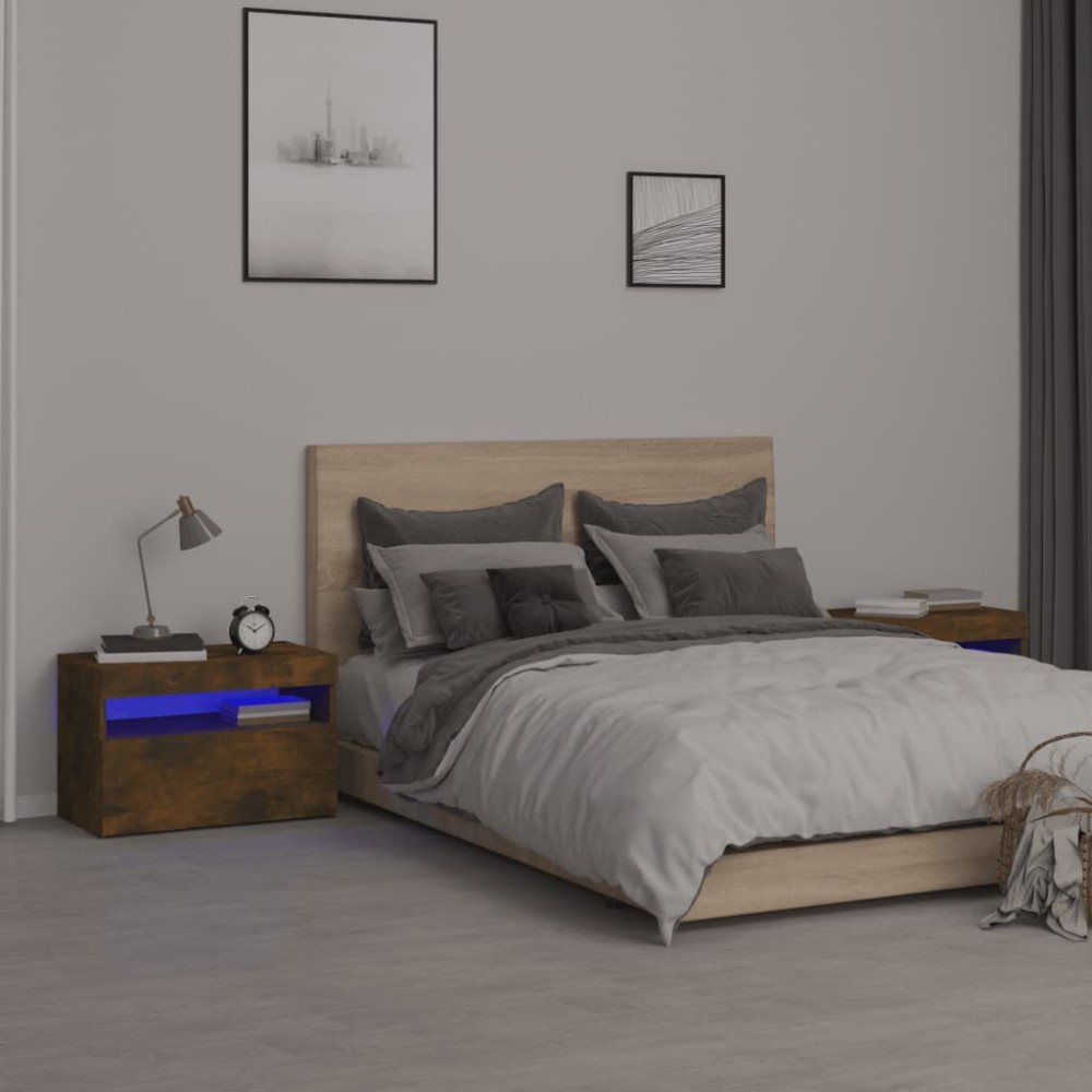 vidaXL Noptiere cu lumini LED, 2 buc., stejar fumuriu, 60x35x40 cm