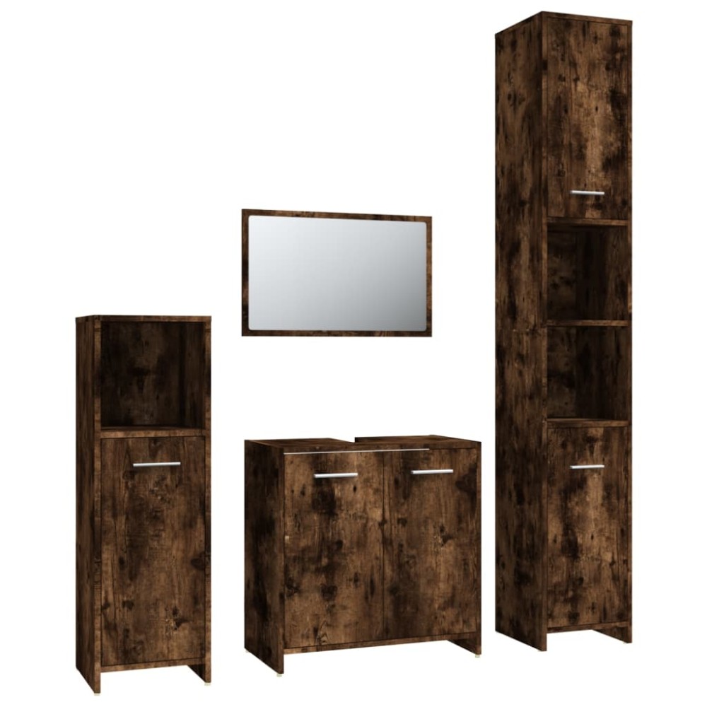 vidaXL Set mobilier de baie, 4 piese, stejar fumuriu, lemn prelucrat