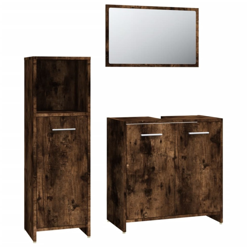 vidaXL Set mobilier de baie, 3 piese, stejar fumuriu, lemn prelucrat
