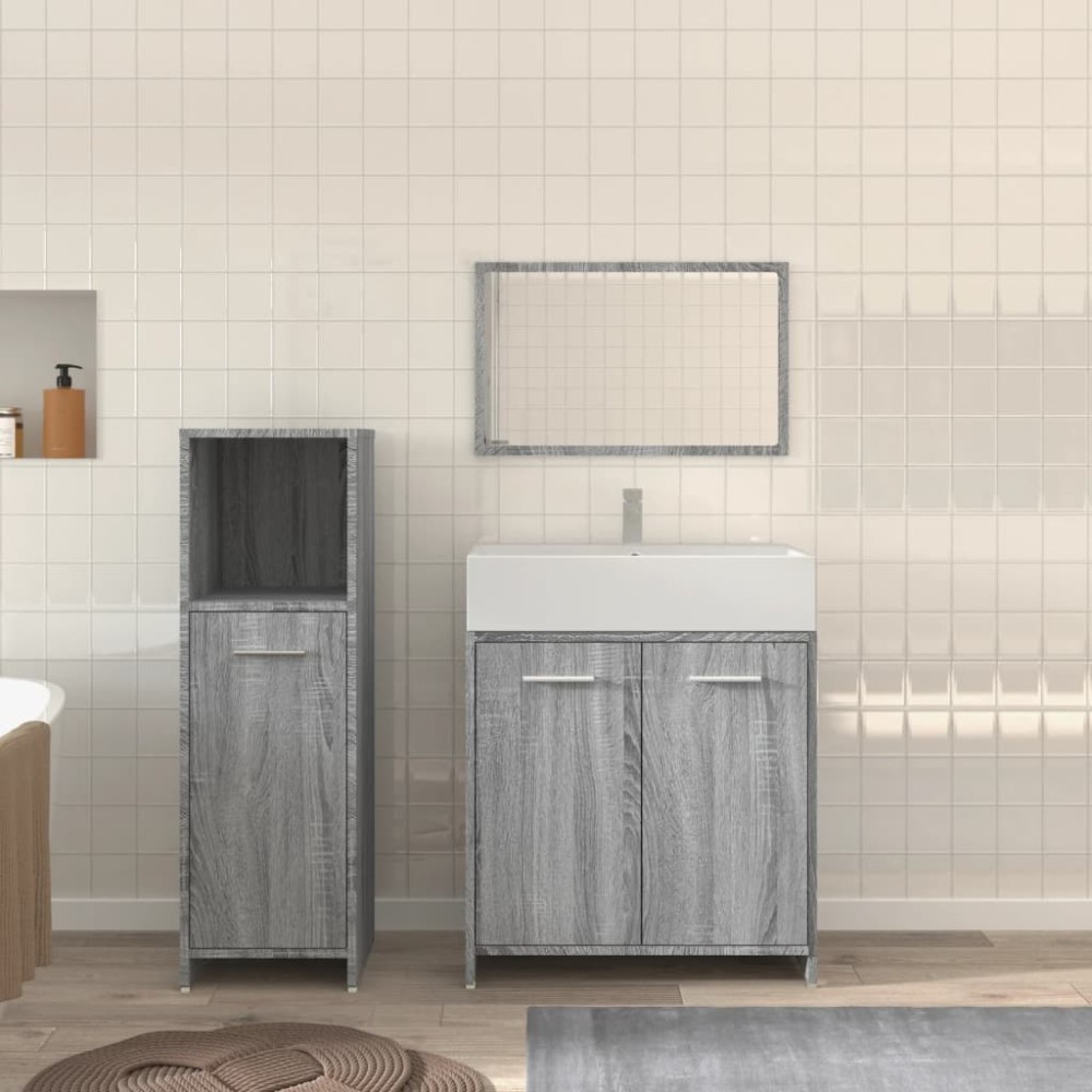 vidaXL Set mobilier de baie, 3 piese, gri sonoma, lemn prelucrat
