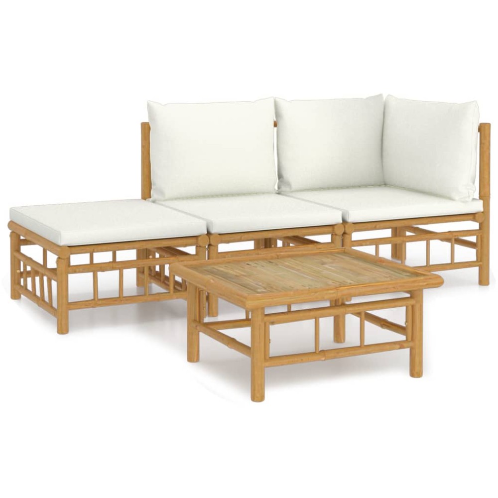 vidaXL Set mobilier de grădină, cu perne alb crem, 4 piese, bambus