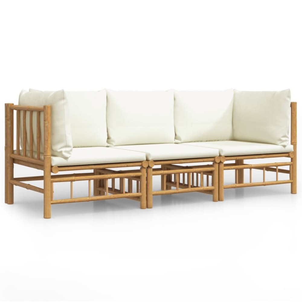 vidaXL Set mobilier de grădină, cu perne alb crem, 3 piese, bambus
