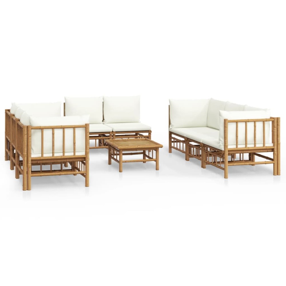 vidaXL Set mobilier de grădină, cu perne alb crem, 9 piese, bambus