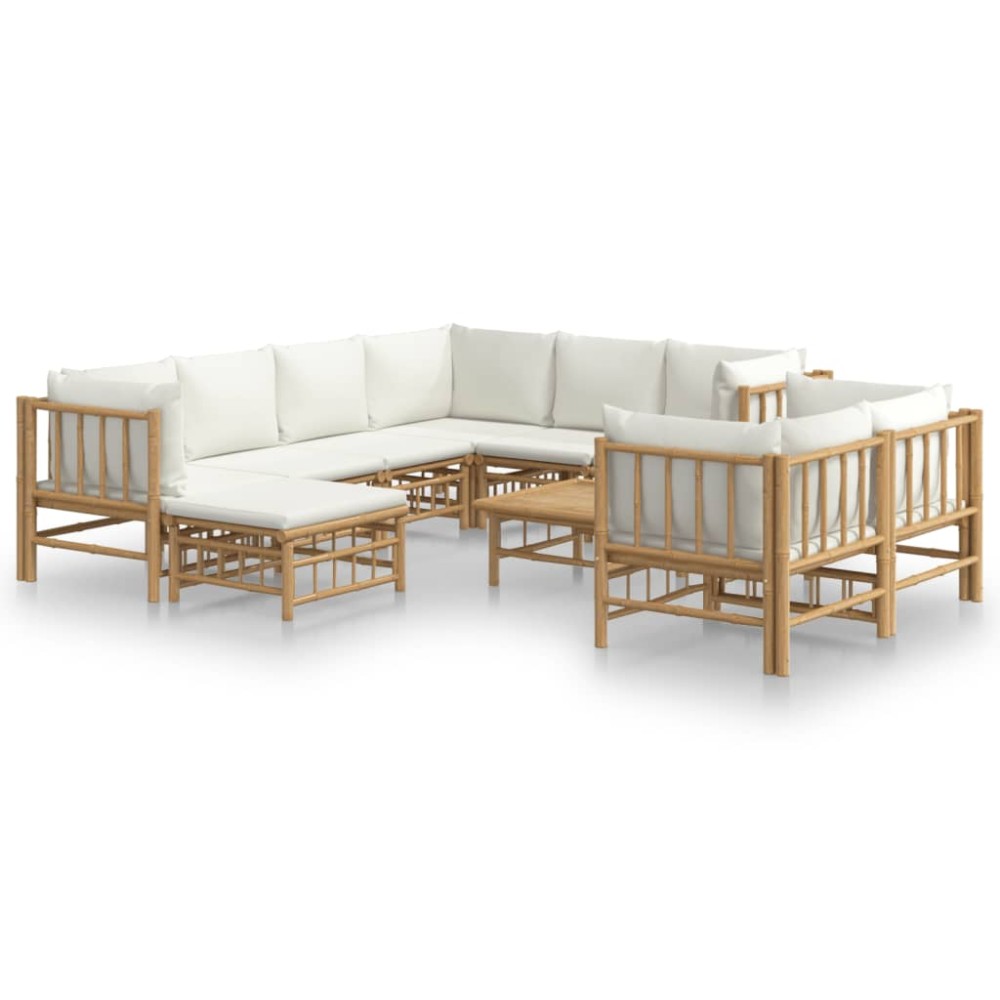 vidaXL Set mobilier de grădină, cu perne alb crem, 10 piese, bambus