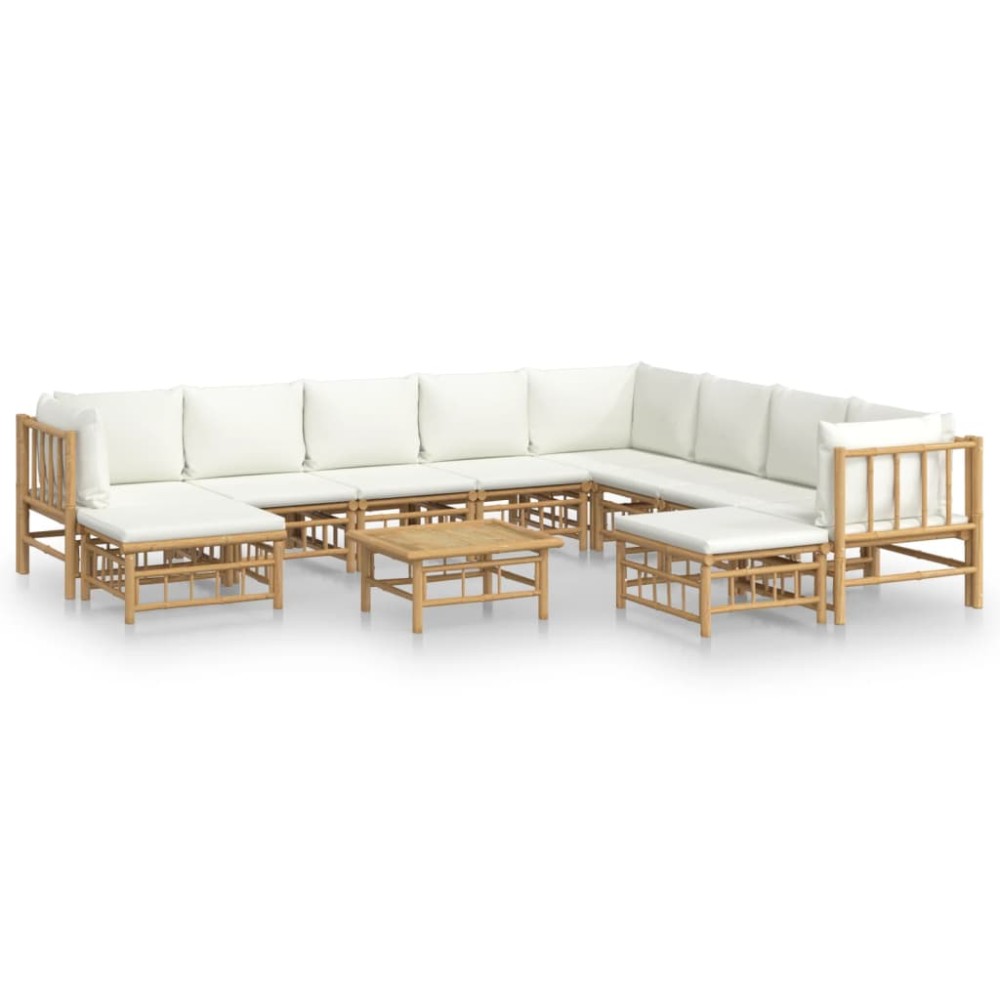 vidaXL Set mobilier de grădină, cu perne alb crem, 11 piese, bambus