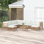 vidaXL Set mobilier de grădină, cu perne alb crem, 11 piese, bambus vidaXL Set mobilier de grădină, cu perne alb crem, 11 piese, bambus