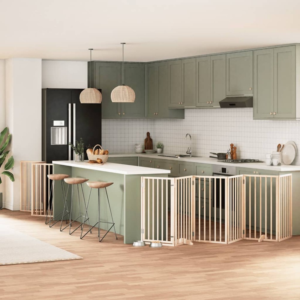 vidaXL Poartă de câini pliabilă cu ușă, 9 panouri, 450 cm, lemn plop