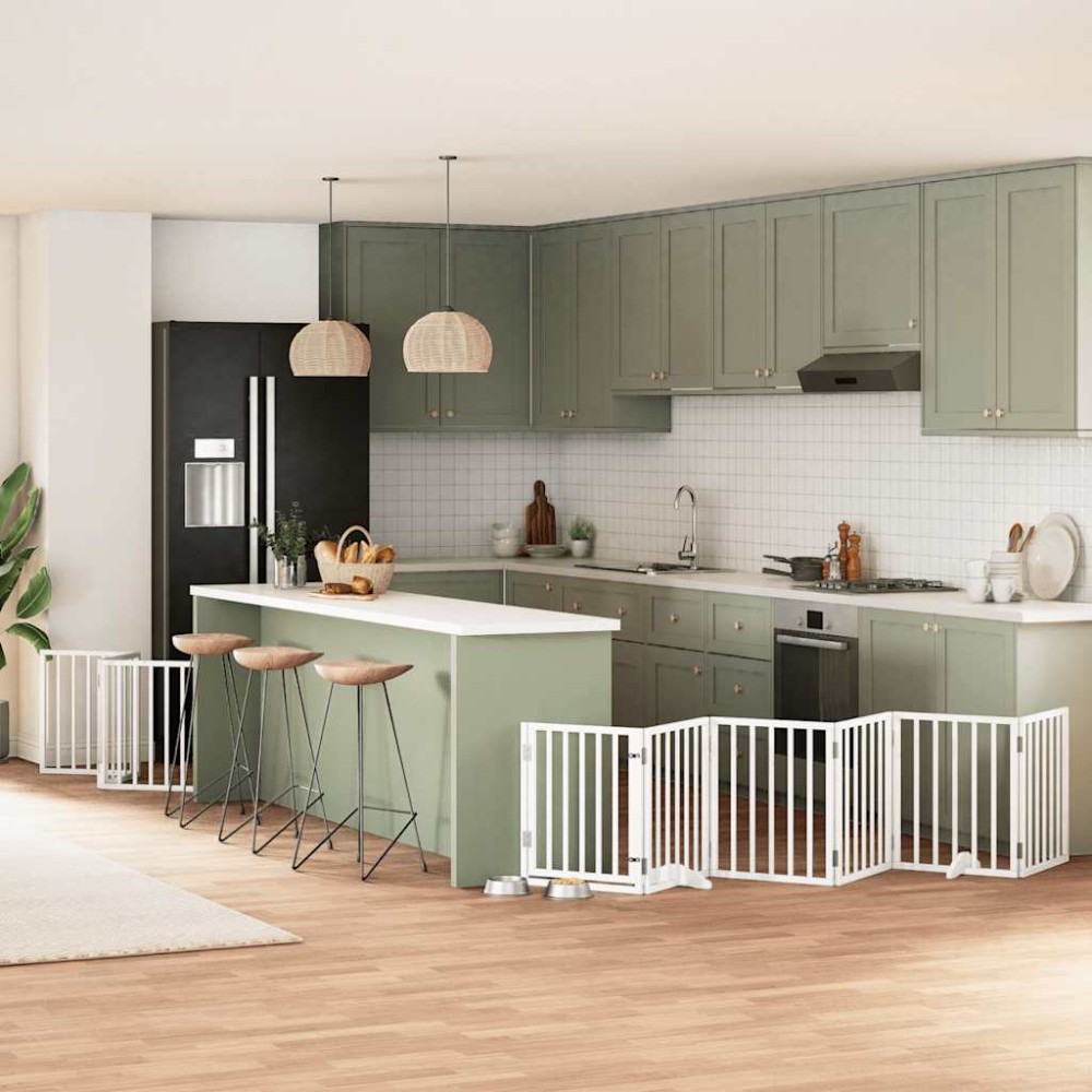 vidaXL Poartă câini pliabilă cu ușă, 9 panouri, alb, 450 cm, lemn plop