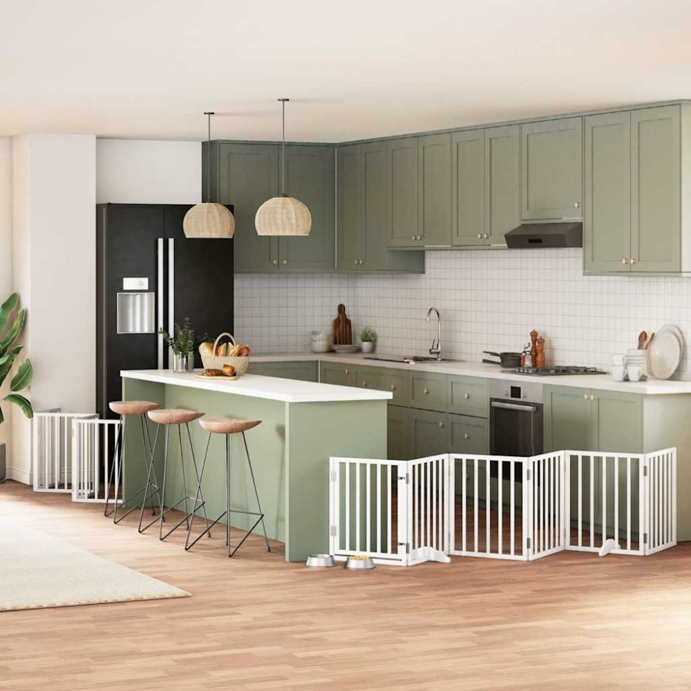 vidaXL Poartă câini pliabilă cu ușă 15 panouri, alb, 750 cm, lemn plop