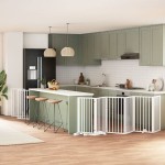 vidaXL Poartă câini pliabilă cu ușă, 9 panouri, alb, 450 cm, lemn plop