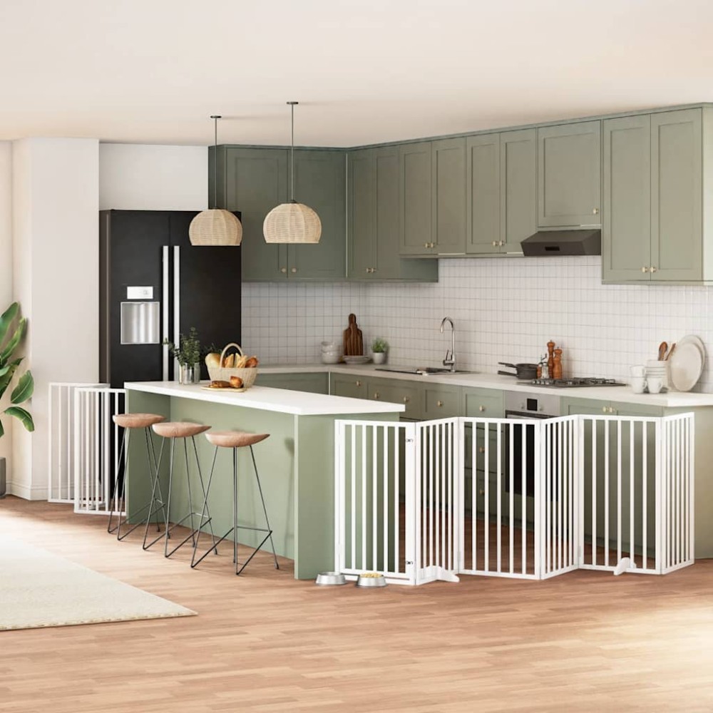 vidaXL Poartă câini pliabilă cu ușă 15 panouri, alb, 750 cm, lemn plop