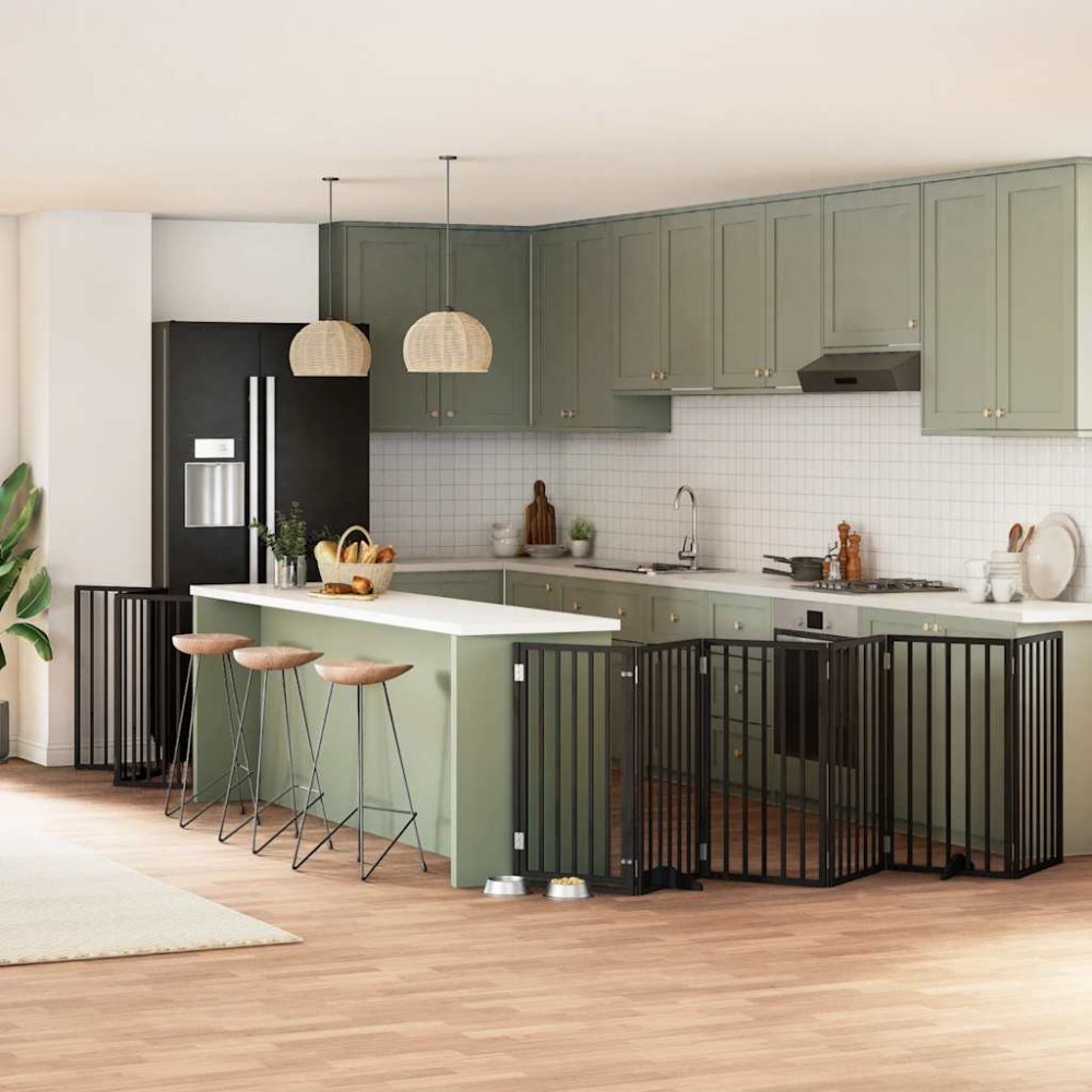 vidaXL Poartă câini pliabilă cu ușă 12 panouri negru 600 cm, lemn plop