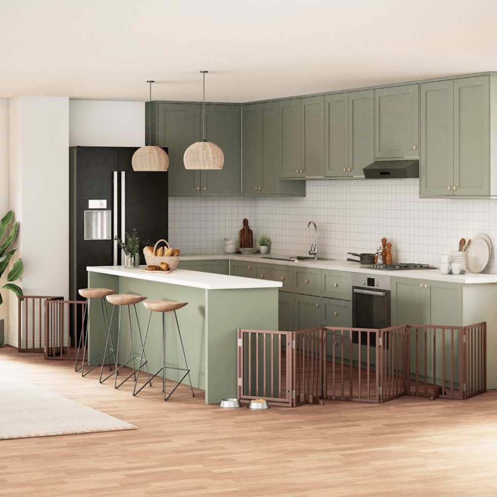 vidaXL Poartă câini pliabilă cu ușă 9 panouri maro, 450 cm, lemn plop