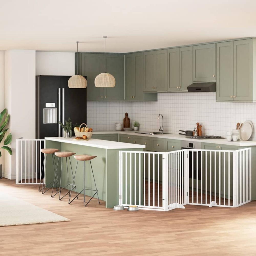 vidaXL Poartă câini pliabilă cu ușă 10 panouri, alb, 800 cm, lemn plop